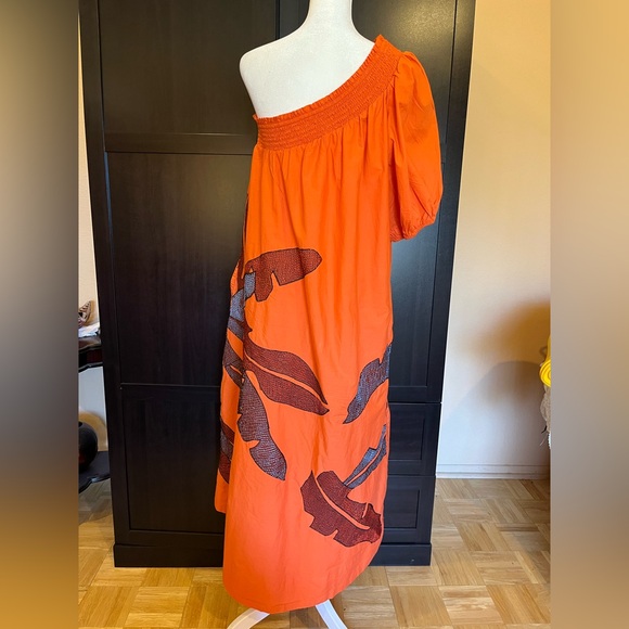 Anthropology One-Shoulder Embroidered Maxi Dress 2 pockets. 100% cotton Orange L - Picture 9 of 13